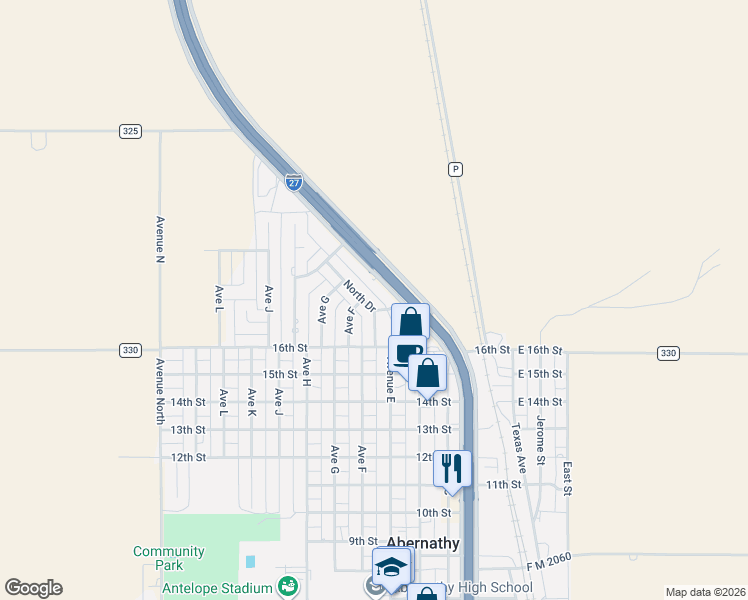 map of restaurants, bars, coffee shops, grocery stores, and more near 414 North Drive in Abernathy