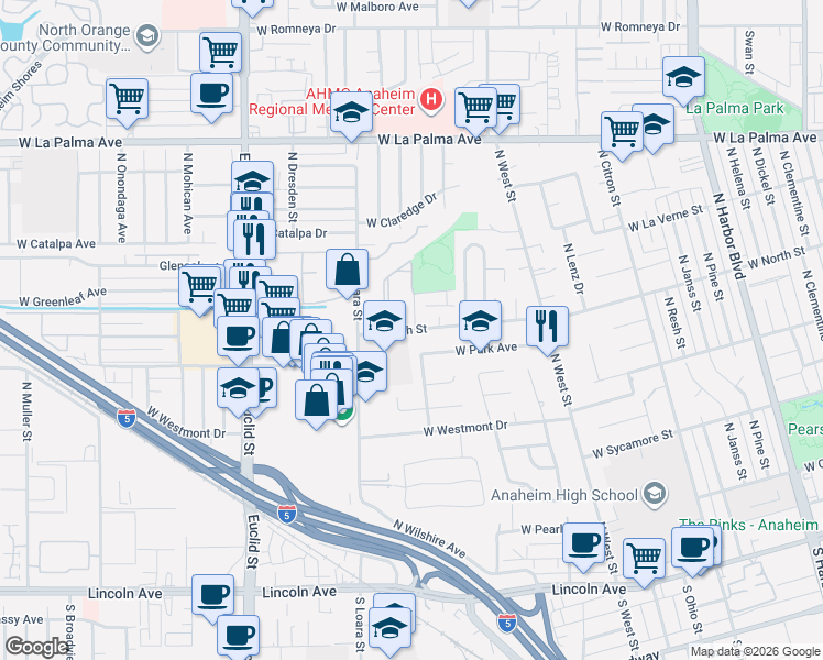 map of restaurants, bars, coffee shops, grocery stores, and more near 811 North Justin Place in Anaheim