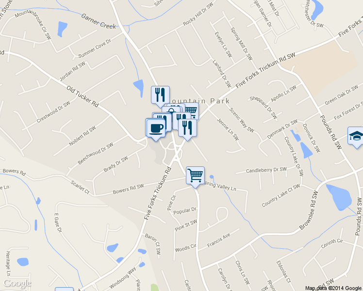 map of restaurants, bars, coffee shops, grocery stores, and more near 5234 Five Forks Trickum Road Southwest in Lilburn