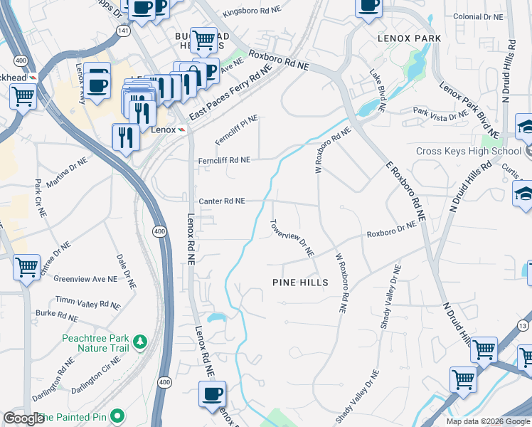 map of restaurants, bars, coffee shops, grocery stores, and more near 1015 Canter Road Northeast in Atlanta