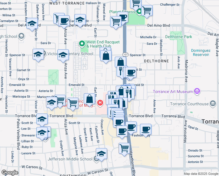 map of restaurants, bars, coffee shops, grocery stores, and more near 4006 Emerald Street in Torrance