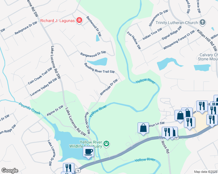 map of restaurants, bars, coffee shops, grocery stores, and more near 4389 Riverside Lane in Lilburn