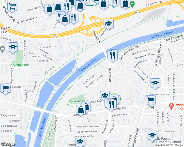 map of restaurants, bars, coffee shops, grocery stores, and more near 236 West Weeping Willow Avenue in Orange
