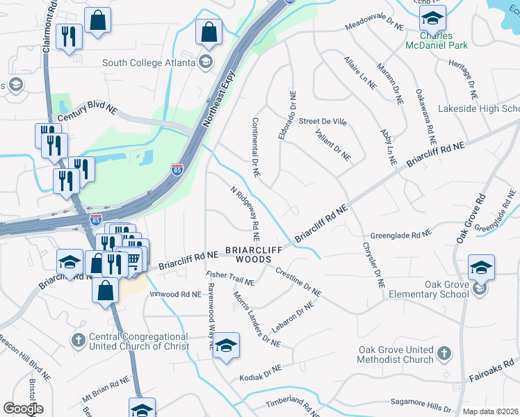 map of restaurants, bars, coffee shops, grocery stores, and more near 1969 North Ridgeway Road Northeast in Atlanta