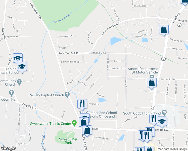 map of restaurants, bars, coffee shops, grocery stores, and more near 2377 Buckley Court in Austell