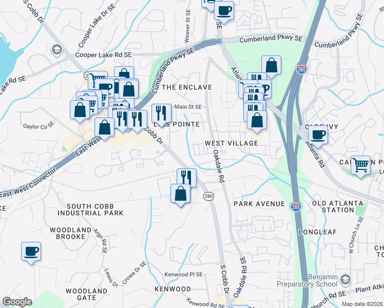 map of restaurants, bars, coffee shops, grocery stores, and more near 4650 West Village Drive in Atlanta