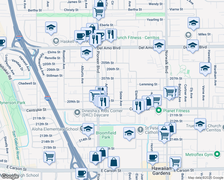 map of restaurants, bars, coffee shops, grocery stores, and more near 20800 Arline Avenue in Lakewood