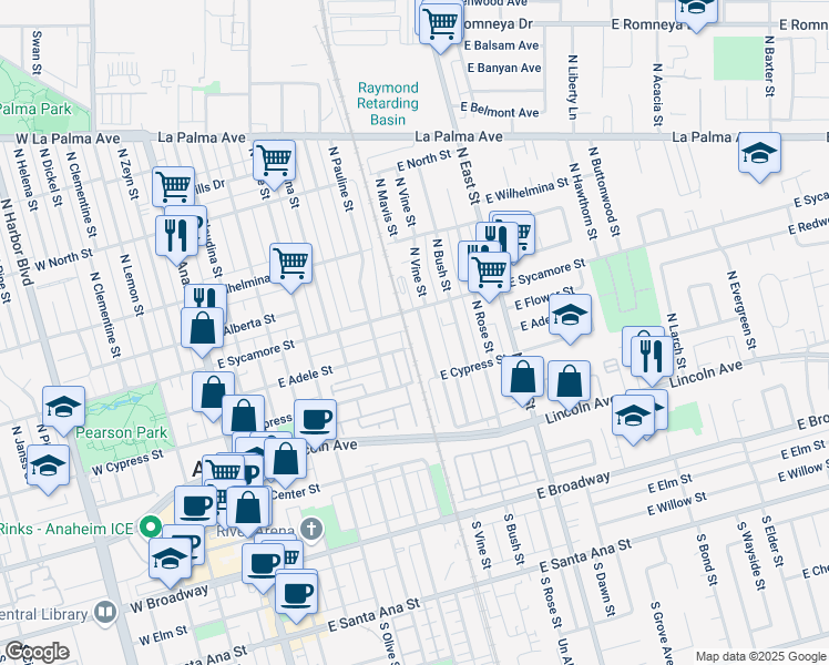 map of restaurants, bars, coffee shops, grocery stores, and more near 411 North Vine Street in Anaheim