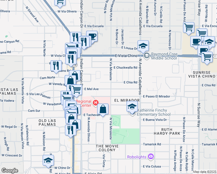 map of restaurants, bars, coffee shops, grocery stores, and more near 619 East Chia Road in Palm Springs