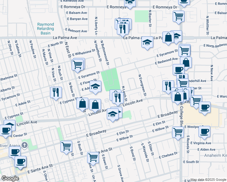 map of restaurants, bars, coffee shops, grocery stores, and more near 211 Cemetery Road in Anaheim