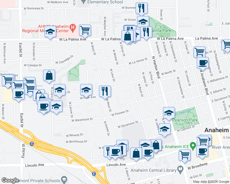 map of restaurants, bars, coffee shops, grocery stores, and more near 930 West North Street in Anaheim