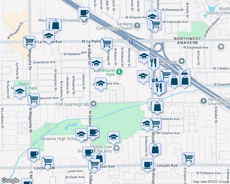 map of restaurants, bars, coffee shops, grocery stores, and more near 2321 West Gramercy Avenue in Anaheim