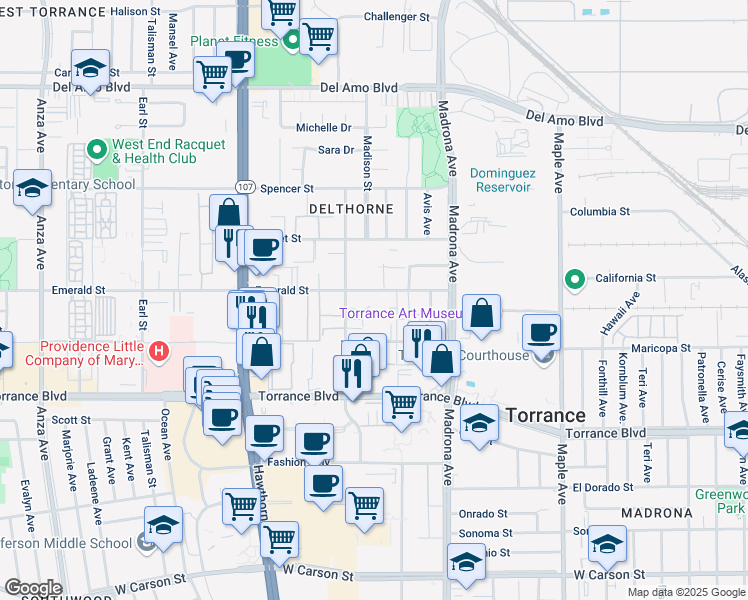 map of restaurants, bars, coffee shops, grocery stores, and more near 3535 Emerald Street in Torrance