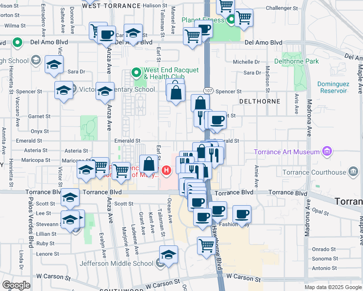 map of restaurants, bars, coffee shops, grocery stores, and more near 4015 Emerald Street in Torrance