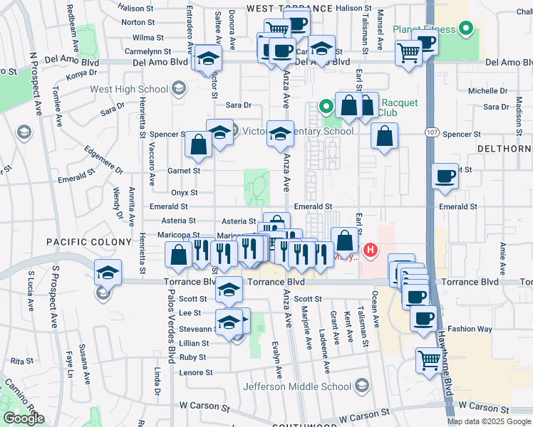 map of restaurants, bars, coffee shops, grocery stores, and more near 20804 Reynolds Drive in Torrance