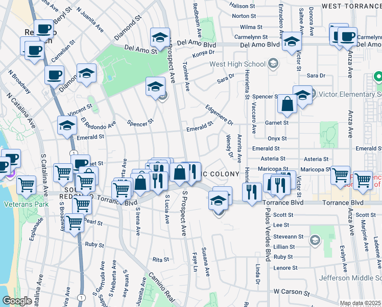 map of restaurants, bars, coffee shops, grocery stores, and more near 20739 Tomlee Avenue in Torrance