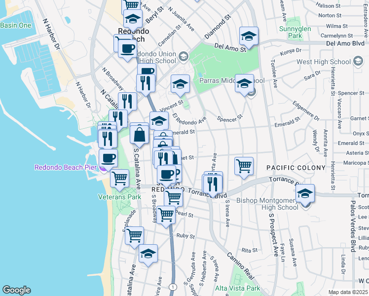 map of restaurants, bars, coffee shops, grocery stores, and more near 107 South Francisca Avenue in Redondo Beach