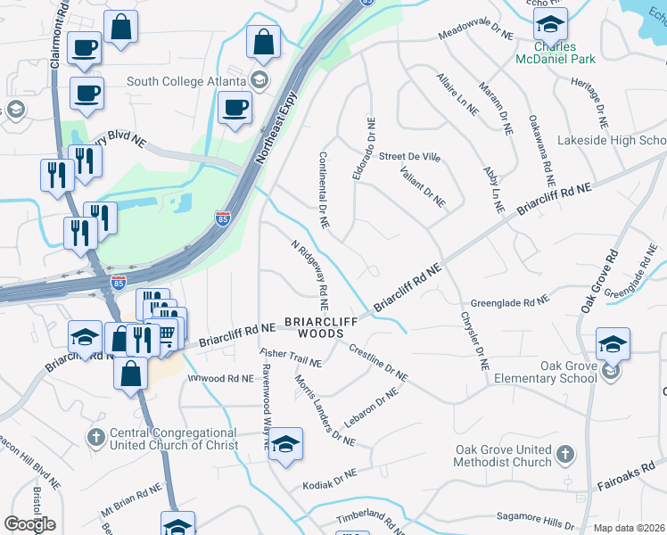 map of restaurants, bars, coffee shops, grocery stores, and more near 1969 North Ridgeway Road Northeast in Atlanta