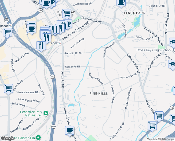 map of restaurants, bars, coffee shops, grocery stores, and more near 1015 Canter Road Northeast in Atlanta