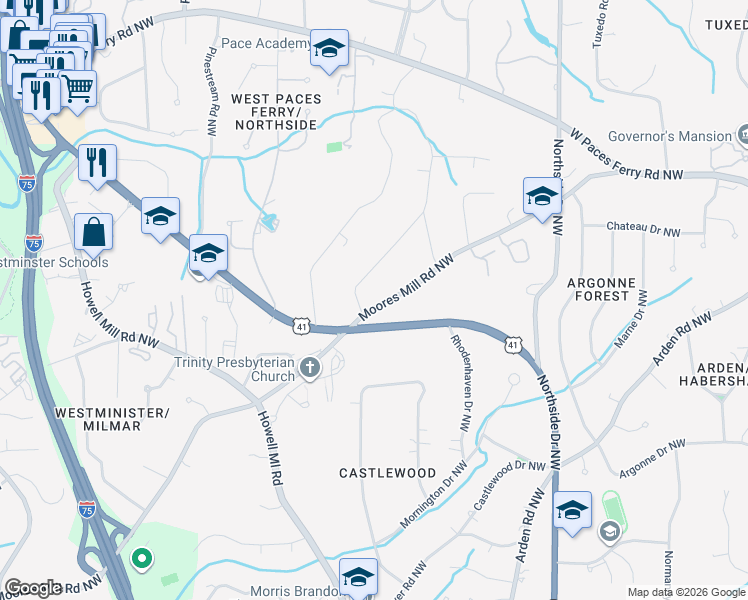 map of restaurants, bars, coffee shops, grocery stores, and more near 825 Moores Mill Road Northwest in Atlanta