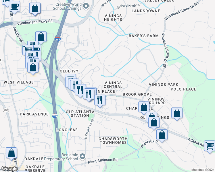 map of restaurants, bars, coffee shops, grocery stores, and more near in Atlanta