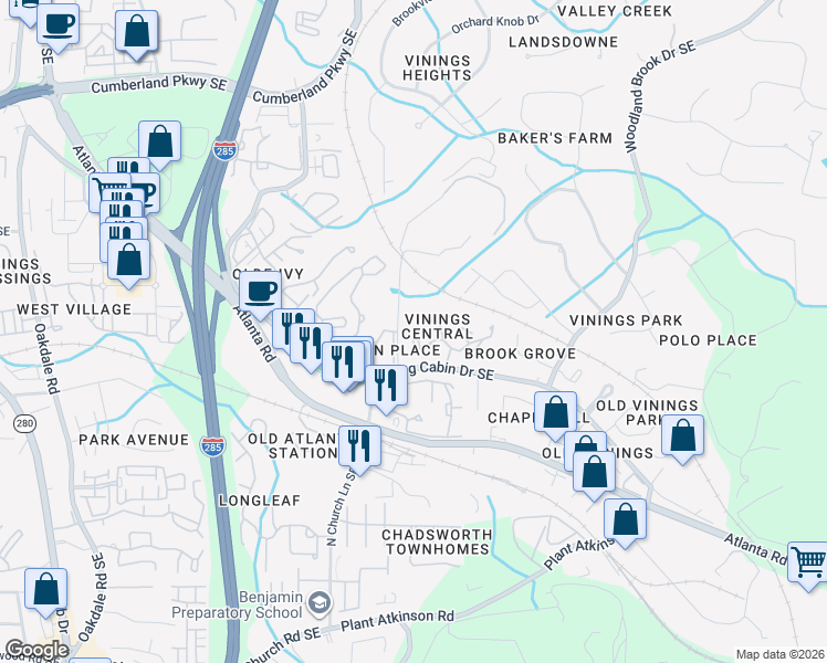 map of restaurants, bars, coffee shops, grocery stores, and more near in Atlanta