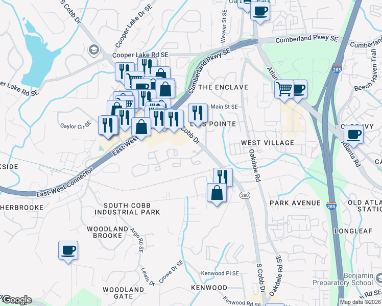 map of restaurants, bars, coffee shops, grocery stores, and more near 4578 Valley Parkway in Smyrna