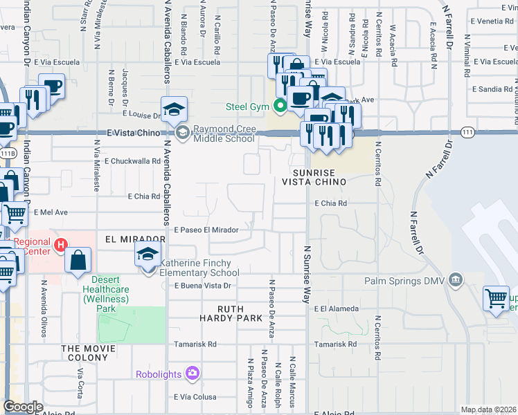 map of restaurants, bars, coffee shops, grocery stores, and more near 1394 Colony Way in Palm Springs