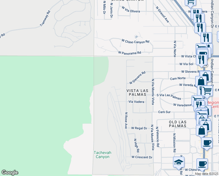 map of restaurants, bars, coffee shops, grocery stores, and more near 1133 West Dolores Court in Palm Springs