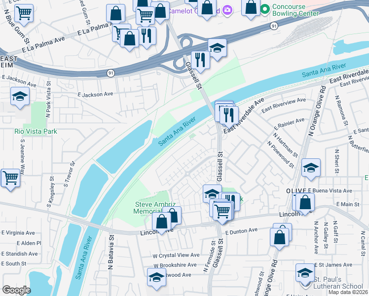 map of restaurants, bars, coffee shops, grocery stores, and more near 236 West Weeping Willow Avenue in Orange