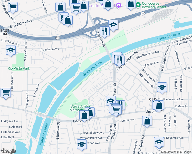 map of restaurants, bars, coffee shops, grocery stores, and more near 212 West Weeping Willow Avenue in Orange