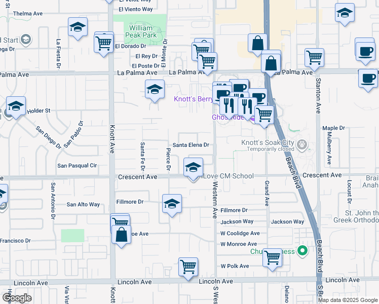 map of restaurants, bars, coffee shops, grocery stores, and more near 7449 Santa Domingo Way in Buena Park