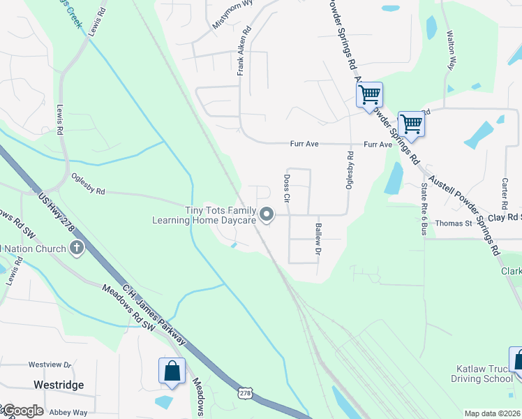 map of restaurants, bars, coffee shops, grocery stores, and more near 4567 Tupelo Drive Southwest in Powder Springs