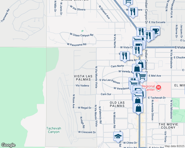 map of restaurants, bars, coffee shops, grocery stores, and more near 665 Camino Norte in Palm Springs