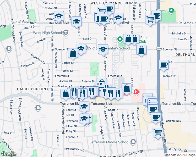 map of restaurants, bars, coffee shops, grocery stores, and more near 20804 Reynolds Drive in Torrance