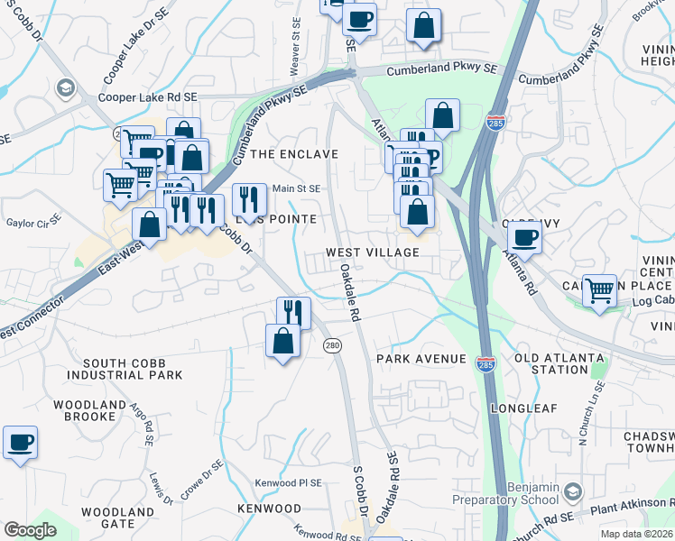 map of restaurants, bars, coffee shops, grocery stores, and more near 4600 West Village Court in Smyrna