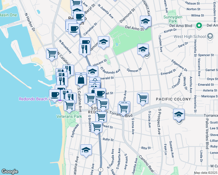 map of restaurants, bars, coffee shops, grocery stores, and more near 120 South Francisca Avenue in Redondo Beach