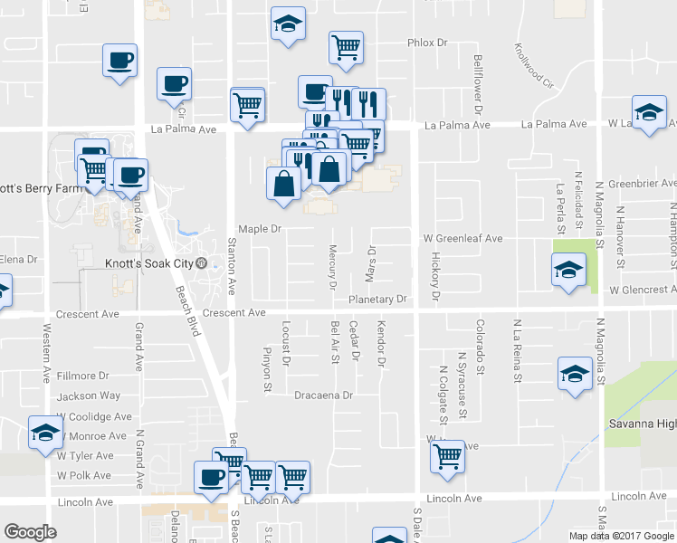 map of restaurants, bars, coffee shops, grocery stores, and more near 8408 Mercury Drive in Buena Park