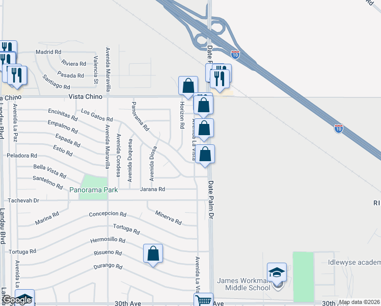 map of restaurants, bars, coffee shops, grocery stores, and more near 28451 Avenida La Vista in Cathedral City