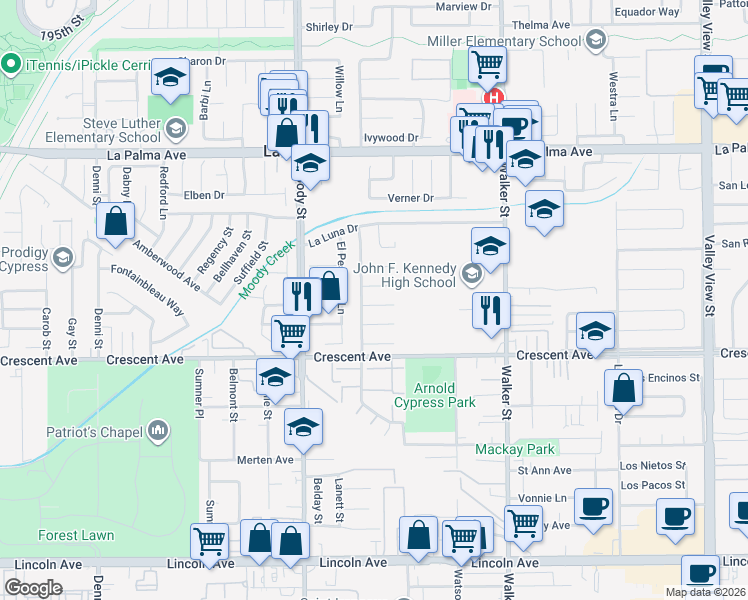 map of restaurants, bars, coffee shops, grocery stores, and more near 5171 Del Este Circle in La Palma