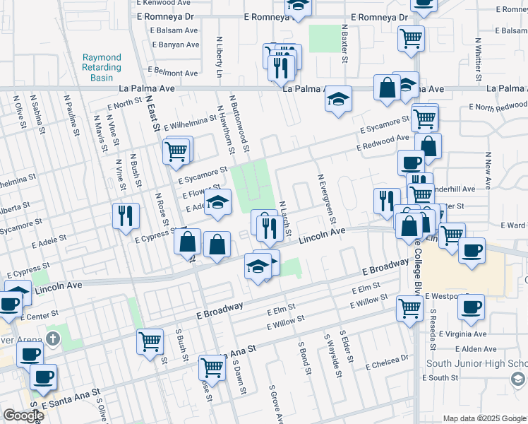 map of restaurants, bars, coffee shops, grocery stores, and more near 211 Cemetery Road in Anaheim