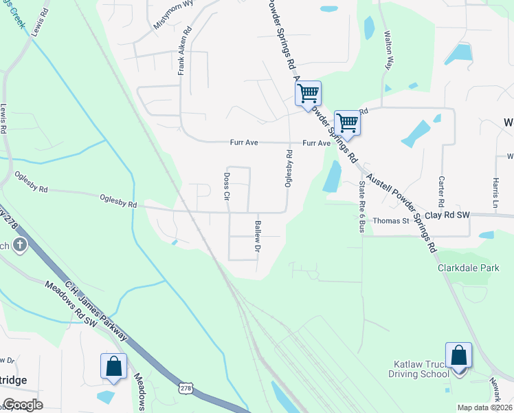 map of restaurants, bars, coffee shops, grocery stores, and more near 3966 Oglesby Road in Powder Springs