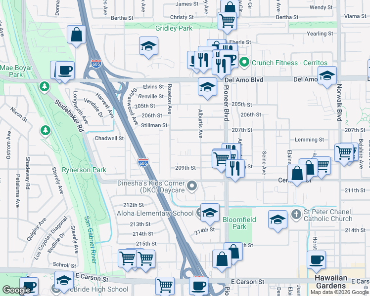 map of restaurants, bars, coffee shops, grocery stores, and more near 11615 208th Street in Lakewood