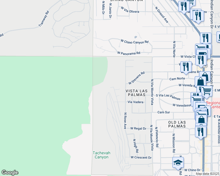 map of restaurants, bars, coffee shops, grocery stores, and more near 1153 West Dolores Court in Palm Springs