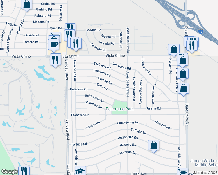 map of restaurants, bars, coffee shops, grocery stores, and more near 68300 Espada Road in Cathedral City
