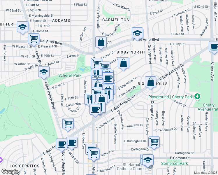 map of restaurants, bars, coffee shops, grocery stores, and more near 4560 California Avenue in Long Beach