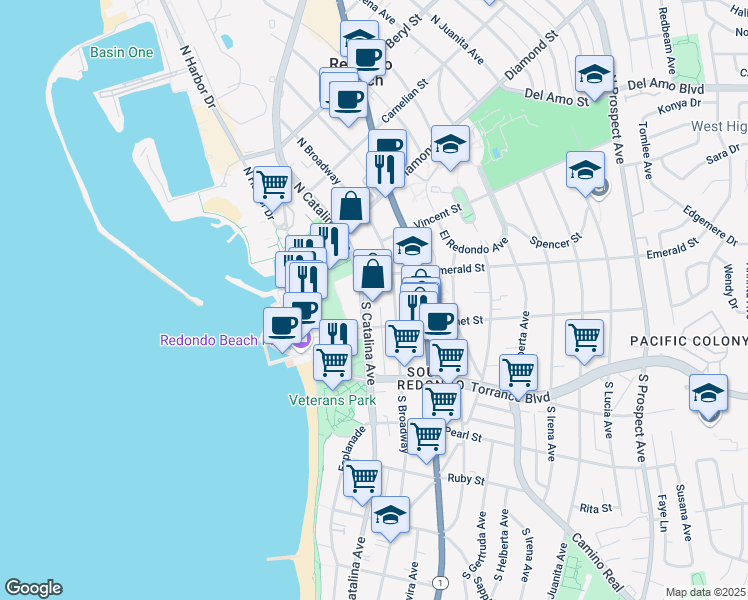 map of restaurants, bars, coffee shops, grocery stores, and more near 111 South Broadway in Redondo Beach