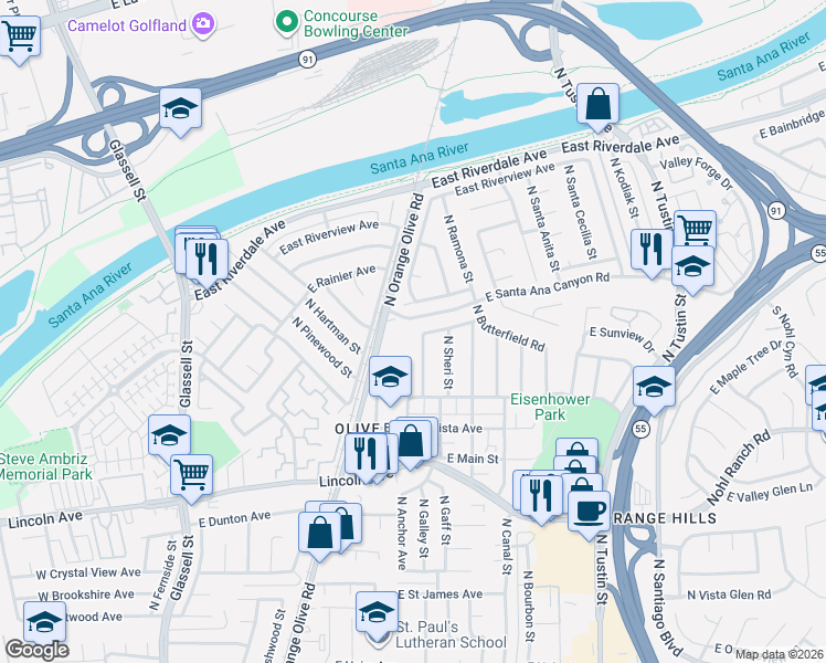 map of restaurants, bars, coffee shops, grocery stores, and more near 3064 North Skywood Street in Orange