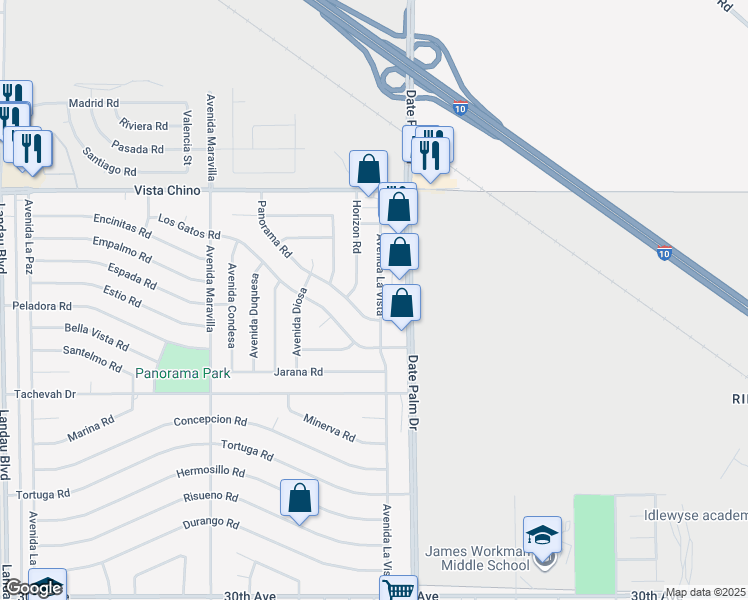 map of restaurants, bars, coffee shops, grocery stores, and more near 28401 Avenida La Vista in Cathedral City