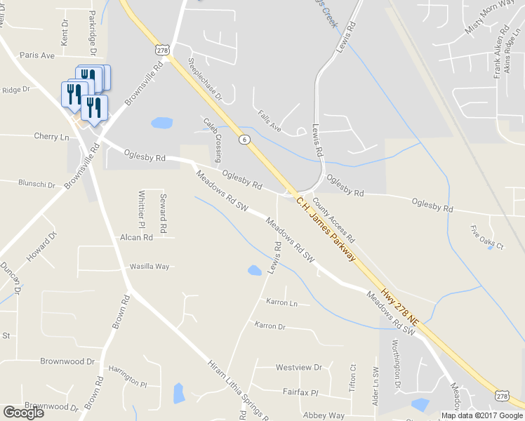 map of restaurants, bars, coffee shops, grocery stores, and more near 4579 Meadows Road Southwest in Powder Springs